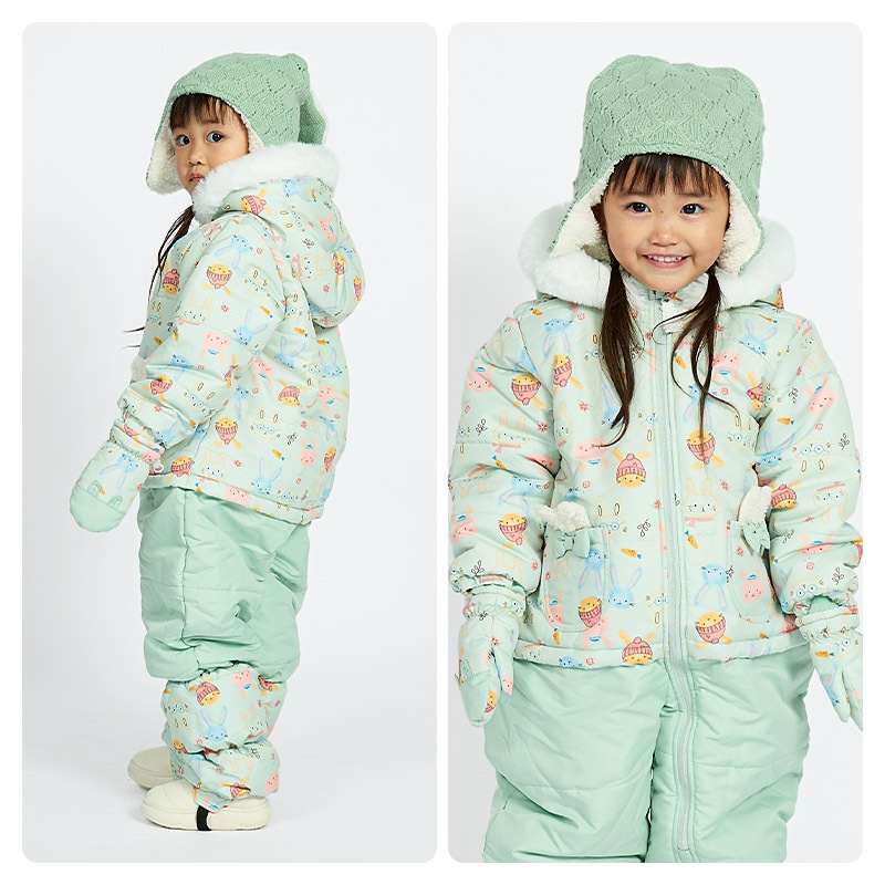 ジャンプスーツ ベビー キッズ 女の子 男の子 中綿入り 防寒 保温 撥水加工 ( 80-100cm ) ファー付き フード アウター ジャケット スノーウェア スキーウェア スノーコンビ つなぎ 雪遊び うさぎ 動物 チェック 花 小花 フラワー ダッフルコート 80cm 90cm 95cm 100cm