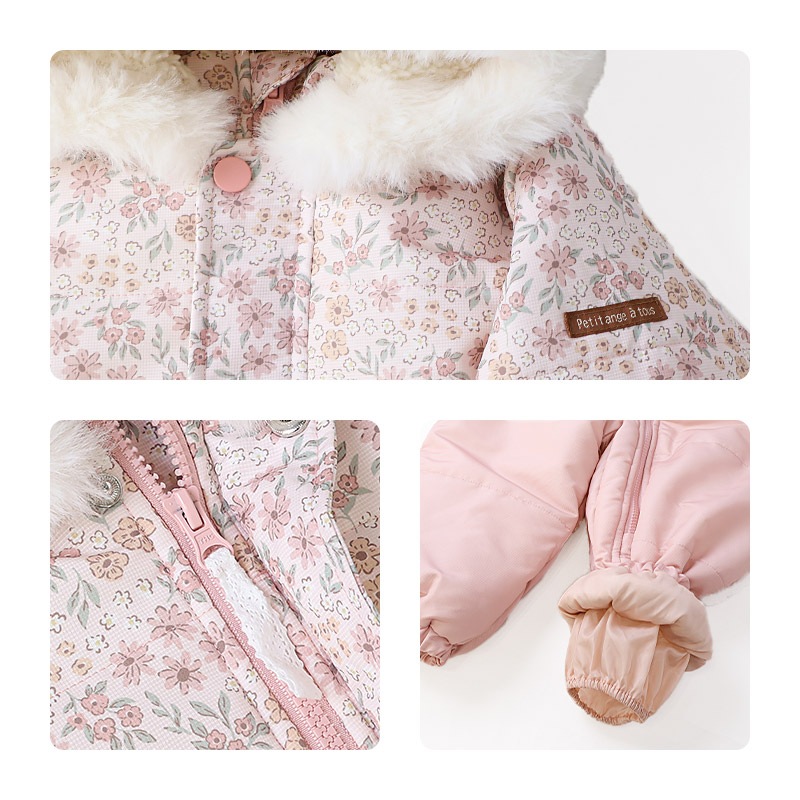 ジャンプスーツ ベビー キッズ 女の子 男の子 中綿入り 防寒 保温 撥水加工 ( 80-100cm ) ファー付き フード アウター ジャケット スノーウェア スキーウェア スノーコンビ つなぎ 雪遊び うさぎ 動物 チェック 花 小花 フラワー ダッフルコート 80cm 90cm 95cm 100cm