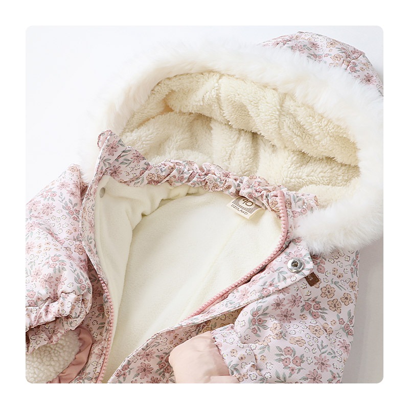 ジャンプスーツ ベビー キッズ 女の子 男の子 中綿入り 防寒 保温 撥水加工 ( 80-100cm ) ファー付き フード アウター ジャケット スノーウェア スキーウェア スノーコンビ つなぎ 雪遊び うさぎ 動物 チェック 花 小花 フラワー ダッフルコート 80cm 90cm 95cm 100cm