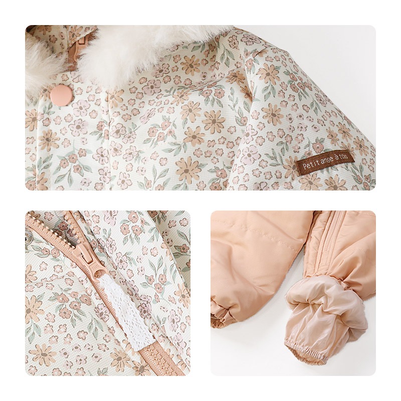 ジャンプスーツ ベビー キッズ 女の子 男の子 中綿入り 防寒 保温 撥水加工 ( 80-100cm ) ファー付き フード アウター ジャケット スノーウェア スキーウェア スノーコンビ つなぎ 雪遊び うさぎ 動物 チェック 花 小花 フラワー ダッフルコート 80cm 90cm 95cm 100cm