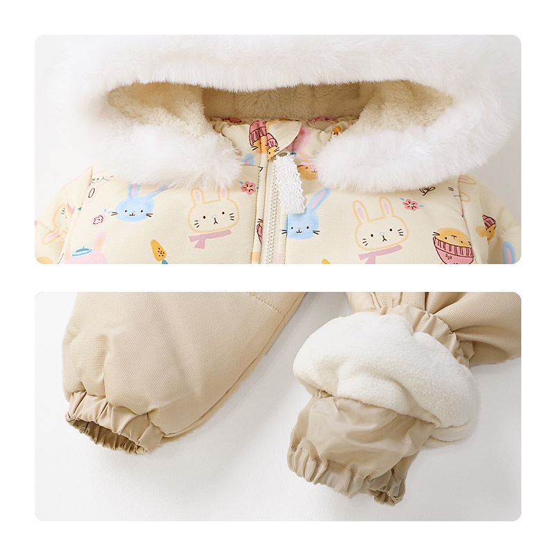 ジャンプスーツ ベビー キッズ 女の子 男の子 中綿入り 防寒 保温 撥水加工 ( 80-100cm ) ファー付き フード アウター ジャケット スノーウェア スキーウェア スノーコンビ つなぎ 雪遊び うさぎ 動物 チェック 花 小花 フラワー ダッフルコート 80cm 90cm 95cm 100cm