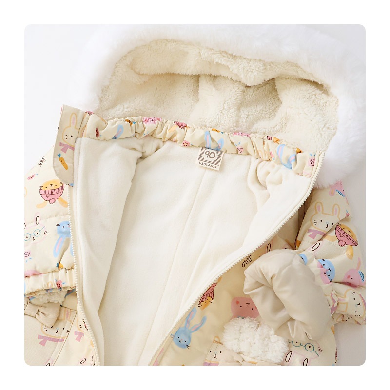 ジャンプスーツ ベビー キッズ 女の子 男の子 中綿入り 防寒 保温 撥水加工 ( 80-100cm ) ファー付き フード アウター ジャケット スノーウェア スキーウェア スノーコンビ つなぎ 雪遊び うさぎ 動物 チェック 花 小花 フラワー ダッフルコート 80cm 90cm 95cm 100cm