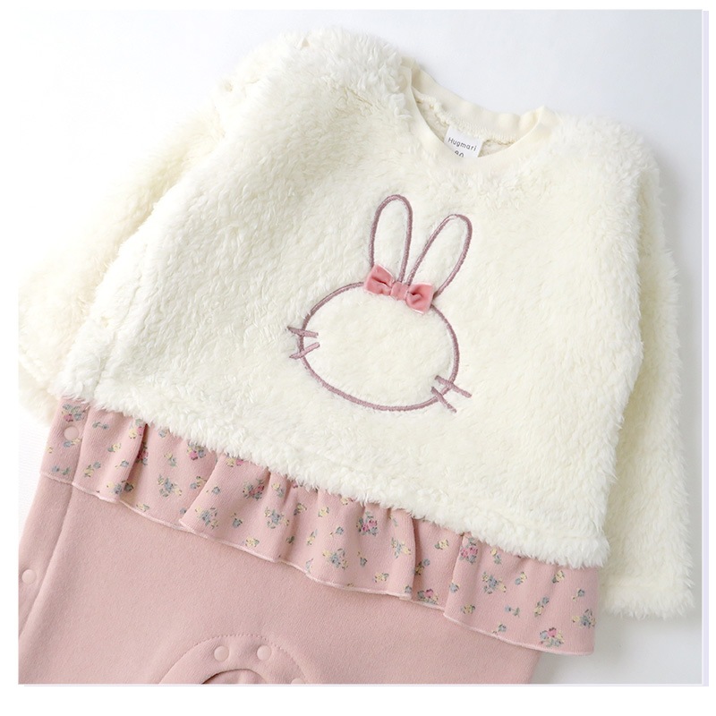 ベビー服 カバーオール 長袖 ロンパース 裏起毛 ベビーウエア 女の子 うさぎ サロペット 重ね着風 ( 70-80cm) 子供服 キッズ 新生児 出産祝い ギフト 前開き 女児 どうぶつ リボン フリル ウサギ 