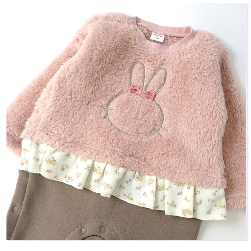 ベビー服 カバーオール 長袖 ロンパース 裏起毛 ベビーウエア 女の子 うさぎ サロペット 重ね着風 ( 70-80cm) 子供服 キッズ 新生児 出産祝い ギフト 前開き 女児 どうぶつ リボン フリル ウサギ 