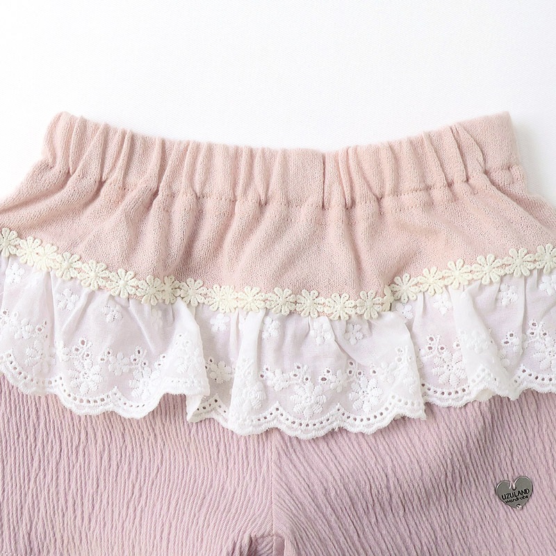 ガールズ ショートパンツ ニット フリル 半ズボン 女の子【UZULAND ウズランド】キッズ ベビー ハーフパンツ ショーパン 短パン ウエストゴム 伸縮 伸びる ストレッチ カジュアル ピンク ベージュ 可愛い かわいい 80 90 95 100 110 120 130