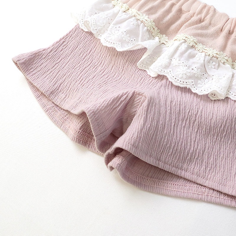 ガールズ ショートパンツ ニット フリル 半ズボン 女の子【UZULAND ウズランド】キッズ ベビー ハーフパンツ ショーパン 短パン ウエストゴム 伸縮 伸びる ストレッチ カジュアル ピンク ベージュ 可愛い かわいい 80 90 95 100 110 120 130