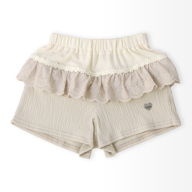 ガールズ ショートパンツ ニット フリル 半ズボン 女の子【UZULAND ウズランド】キッズ ベビー ハーフパンツ ショーパン 短パン ウエストゴム 伸縮 伸びる ストレッチ カジュアル ピンク ベージュ 可愛い かわいい 80 90 95 100 110 120 130