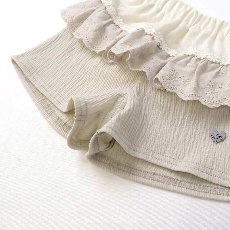 ガールズ ショートパンツ ニット フリル 半ズボン 女の子【UZULAND ウズランド】キッズ ベビー ハーフパンツ ショーパン 短パン ウエストゴム 伸縮 伸びる ストレッチ カジュアル ピンク ベージュ 可愛い かわいい 80 90 95 100 110 120 130