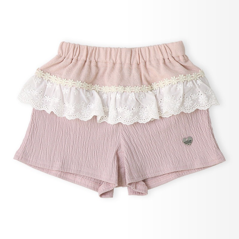 ガールズ ショートパンツ ニット フリル 半ズボン 女の子【UZULAND ウズランド】キッズ ベビー ハーフパンツ ショーパン 短パン ウエストゴム 伸縮 伸びる ストレッチ カジュアル ピンク ベージュ 可愛い かわいい 80 90 95 100 110 120 130