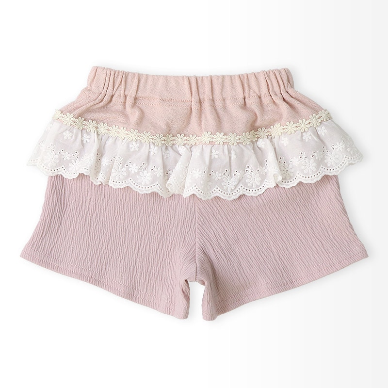 ガールズ ショートパンツ ニット フリル 半ズボン 女の子【UZULAND ウズランド】キッズ ベビー ハーフパンツ ショーパン 短パン ウエストゴム 伸縮 伸びる ストレッチ カジュアル ピンク ベージュ 可愛い かわいい 80 90 95 100 110 120 130