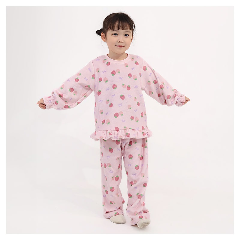 キッズ パジャマ フリル 長袖 フリース 起毛 ルームウェア 女の子 ベビー 子供用 上下セット 2点セット トップス ボトムス ガールズ セットアップ 冬用 シマエナガ 鳥 苺 イチゴ いちご 総柄 動物 アニマル 保温 あったか 暖かい 可愛い かわいい 80 90 95 100 110 120 130