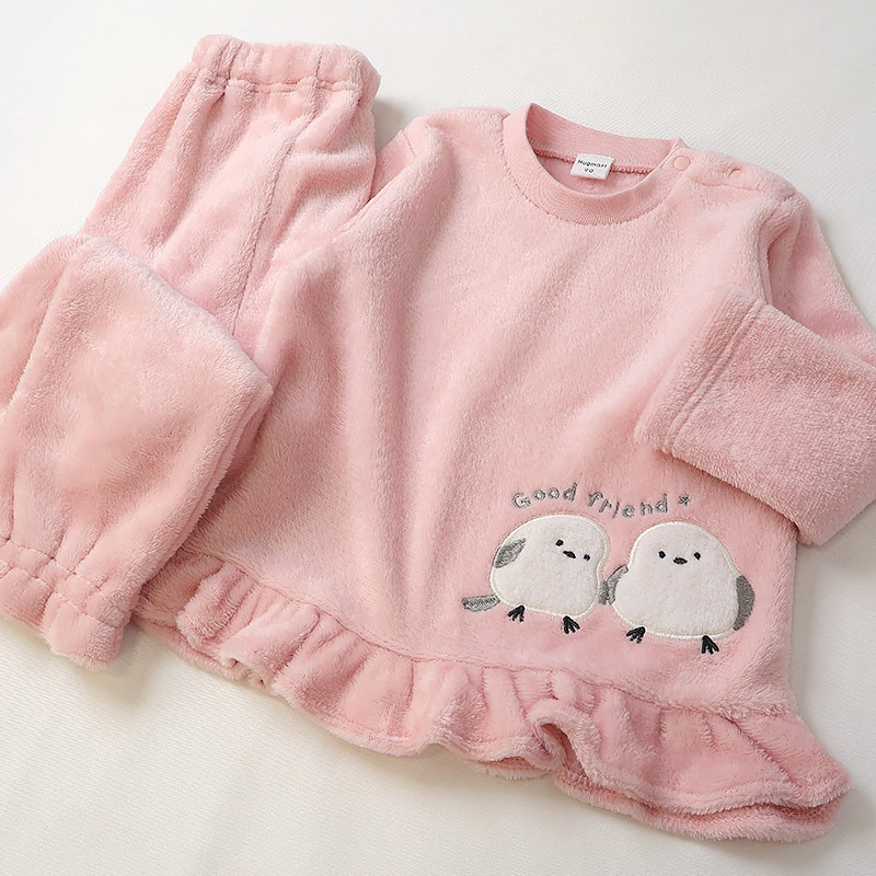 キッズ パジャマ フリル 長袖 フリース 起毛 ルームウェア 女の子 ベビー 子供用 上下セット 2点セット トップス ボトムス ガールズ セットアップ 冬用 シマエナガ 鳥 苺 イチゴ いちご 総柄 動物 アニマル 保温 あったか 暖かい 可愛い かわいい 80 90 95 100 110 120 130