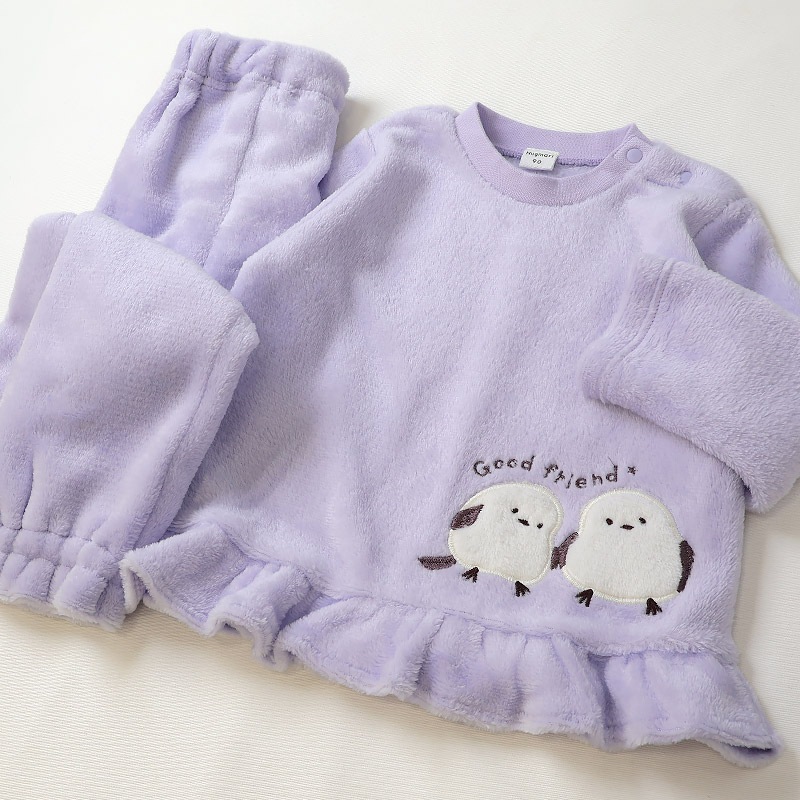 キッズ パジャマ フリル 長袖 フリース 起毛 ルームウェア 女の子 ベビー 子供用 上下セット 2点セット トップス ボトムス ガールズ セットアップ 冬用 シマエナガ 鳥 苺 イチゴ いちご 総柄 動物 アニマル 保温 あったか 暖かい 可愛い かわいい 80 90 95 100 110 120 130