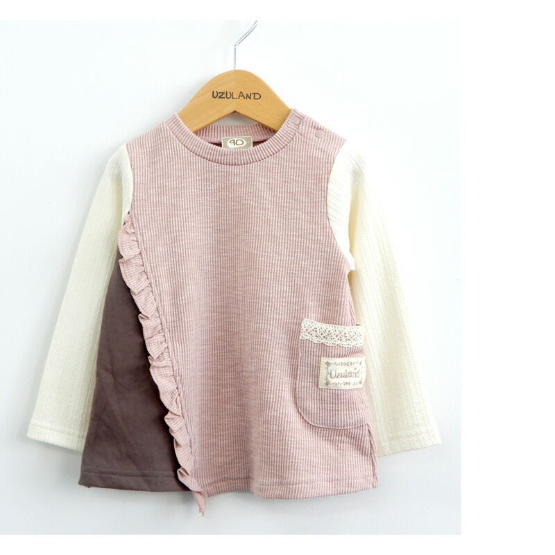 子供服 トップス 女の子 異素材 切替 長袖 Tシャツ ( 80-130cm)【 Uzuland ウズランド 】 キッズ ベビー おしゃれ かわいい 二次加工 切替 女子 女児 こども服 ベビー服 秋 春 ガールズ ブランド