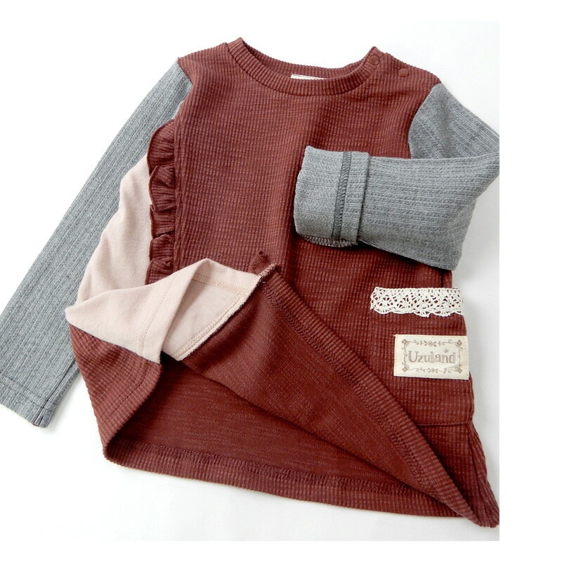 子供服 トップス 女の子 異素材 切替 長袖 Tシャツ ( 80-130cm)【 Uzuland ウズランド 】 キッズ ベビー おしゃれ かわいい 二次加工 切替 女子 女児 こども服 ベビー服 秋 春 ガールズ ブランド