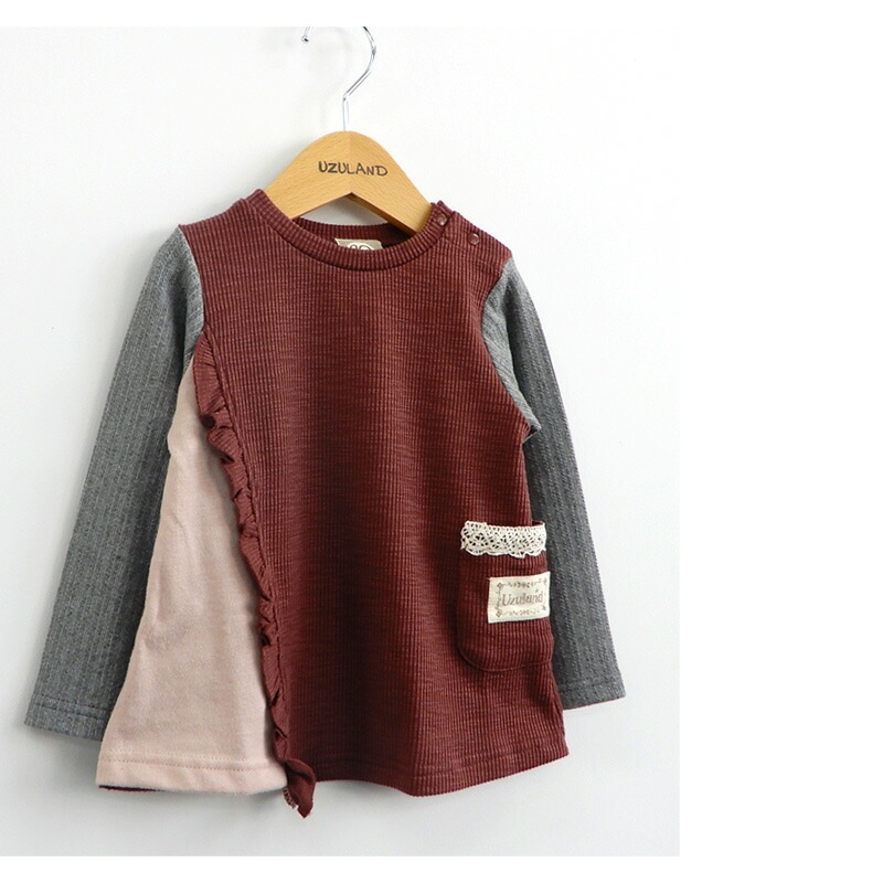 子供服 トップス 女の子 異素材 切替 長袖 Tシャツ ( 80-130cm)【 Uzuland ウズランド 】 キッズ ベビー おしゃれ かわいい 二次加工 切替 女子 女児 こども服 ベビー服 秋 春 ガールズ ブランド
