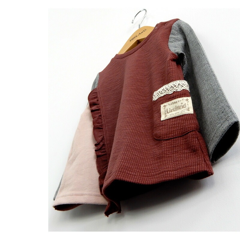 子供服 トップス 女の子 異素材 切替 長袖 Tシャツ ( 80-130cm)【 Uzuland ウズランド 】 キッズ ベビー おしゃれ かわいい 二次加工 切替 女子 女児 こども服 ベビー服 秋 春 ガールズ ブランド