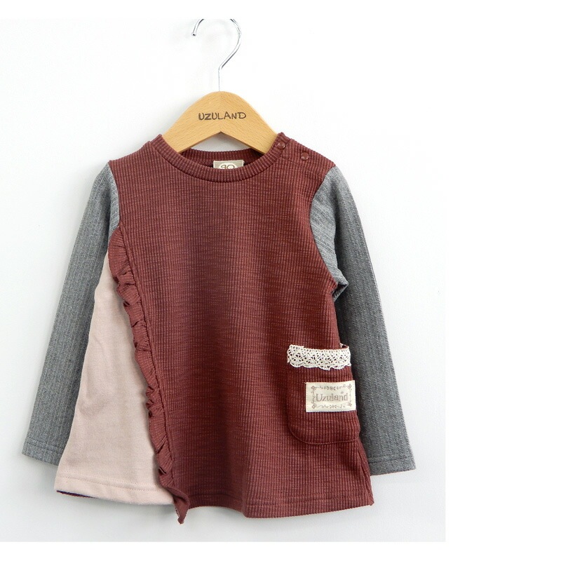 子供服 トップス 女の子 異素材 切替 長袖 Tシャツ ( 80-130cm)【 Uzuland ウズランド 】 キッズ ベビー おしゃれ かわいい 二次加工 切替 女子 女児 こども服 ベビー服 秋 春 ガールズ ブランド