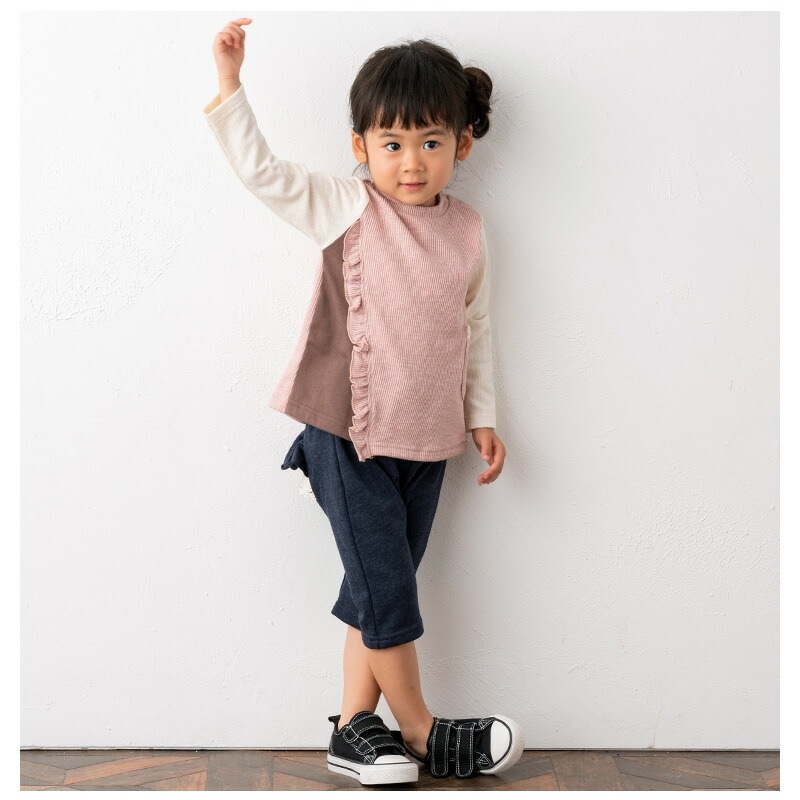 子供服 トップス 女の子 異素材 切替 長袖 Tシャツ ( 80-130cm)【 Uzuland ウズランド 】 キッズ ベビー おしゃれ かわいい 二次加工 切替 女子 女児 こども服 ベビー服 秋 春 ガールズ ブランド