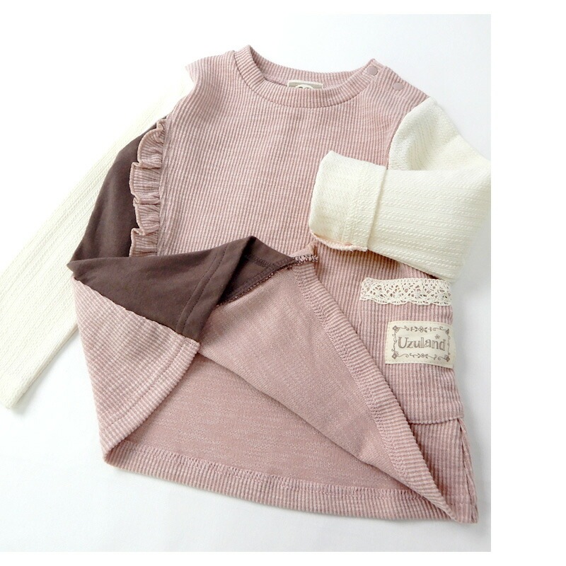 子供服 トップス 女の子 異素材 切替 長袖 Tシャツ ( 80-130cm)【 Uzuland ウズランド 】 キッズ ベビー おしゃれ かわいい 二次加工 切替 女子 女児 こども服 ベビー服 秋 春 ガールズ ブランド