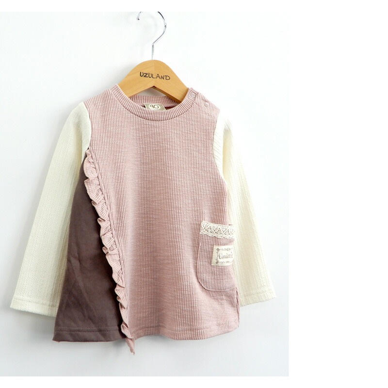 子供服 トップス 女の子 異素材 切替 長袖 Tシャツ ( 80-130cm)【 Uzuland ウズランド 】 キッズ ベビー おしゃれ かわいい 二次加工 切替 女子 女児 こども服 ベビー服 秋 春 ガールズ ブランド