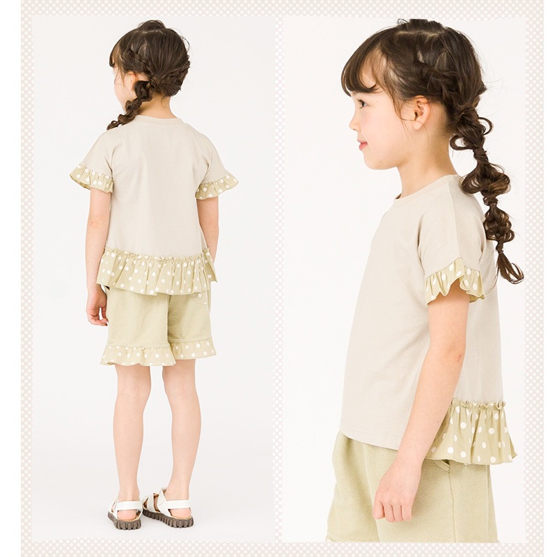 キッズ ベビー Tシャツ 半袖 女の子 ガーリー 重ね着風 ドット柄 トップス チャコール グレージュ 【 GrinLab グリンラボ 】 子供服 ベビー服 切替 ドット 可愛い お洒落 女子 ナチュラル ガールズ 80cm 90cm 95cm 100cm 110cm 120cm 130cm