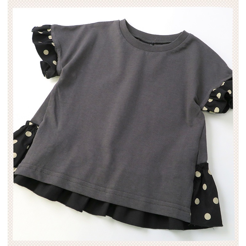 キッズ ベビー Tシャツ 半袖 女の子 ガーリー 重ね着風 ドット柄 トップス チャコール グレージュ 【 GrinLab グリンラボ 】 子供服 ベビー服 切替 ドット 可愛い お洒落 女子 ナチュラル ガールズ 80cm 90cm 95cm 100cm 110cm 120cm 130cm