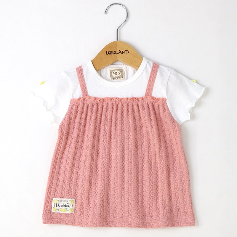 ガールズ Tシャツ 半袖 女の子 ガーリー 重ね着風 小花柄 キッズ トップス ピンク ベージュ ( 80-130cm ) 【 Uzuland ウズランド 】 子供服 ベビー服 切替 レイヤード フラワー フリル 可愛い お洒落 女子 ナチュラル ベビー 80cm 90cm 95cm 100cm 110cm 120cm 130cm