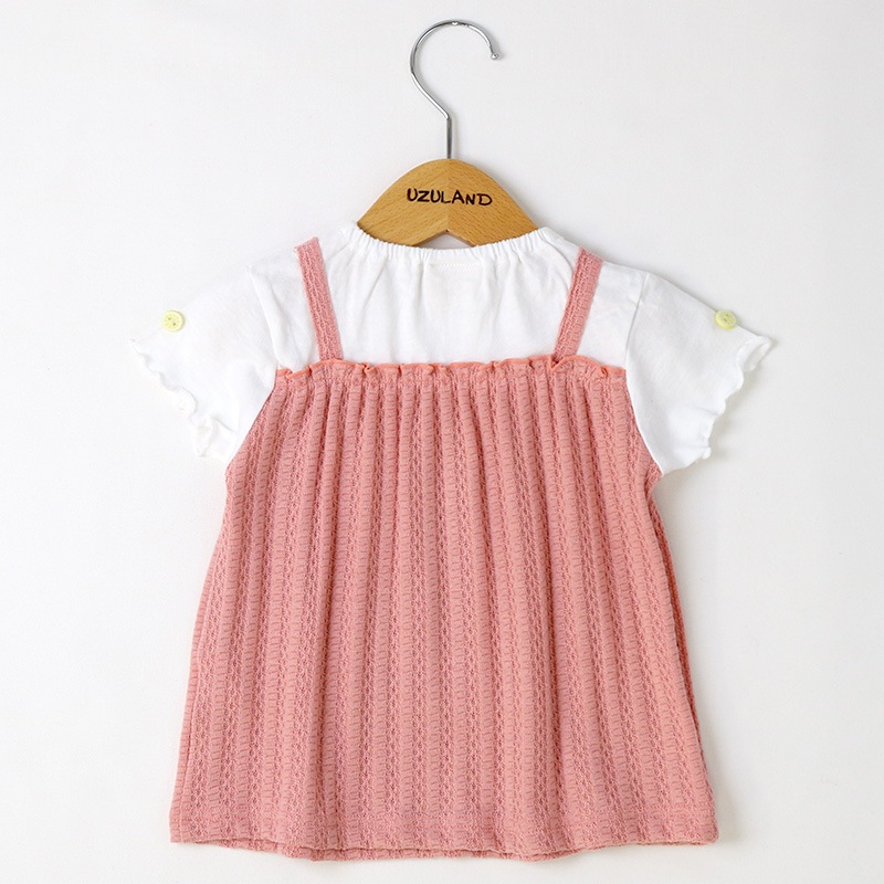 ガールズ Tシャツ 半袖 女の子 ガーリー 重ね着風 小花柄 キッズ トップス ピンク ベージュ ( 80-130cm ) 【 Uzuland ウズランド 】 子供服 ベビー服 切替 レイヤード フラワー フリル 可愛い お洒落 女子 ナチュラル ベビー 80cm 90cm 95cm 100cm 110cm 120cm 130cm