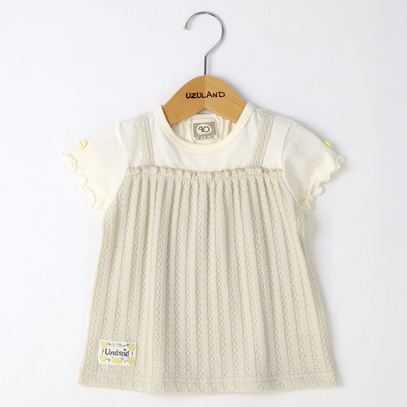 ガールズ Tシャツ 半袖 女の子 ガーリー 重ね着風 小花柄 キッズ トップス ピンク ベージュ ( 80-130cm ) 【 Uzuland ウズランド 】 子供服 ベビー服 切替 レイヤード フラワー フリル 可愛い お洒落 女子 ナチュラル ベビー 80cm 90cm 95cm 100cm 110cm 120cm 130cm