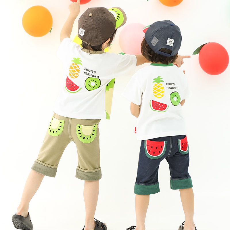 キッズ Tシャツ 半袖 くだもの スイカ キウイ 男の子 女の子【フルーツ天国】 ベビー トップス カットソー 切替 配色 デザイン 天竺 肩ボタン 食べ物 フルーツ 果物 すいか プリント 子ども 80 90 95 100 110 120 130