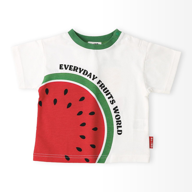 キッズ Tシャツ 半袖 くだもの スイカ キウイ 男の子 女の子【フルーツ天国】 ベビー トップス カットソー 切替 配色 デザイン 天竺 肩ボタン 食べ物 フルーツ 果物 すいか プリント 子ども 80 90 95 100 110 120 130