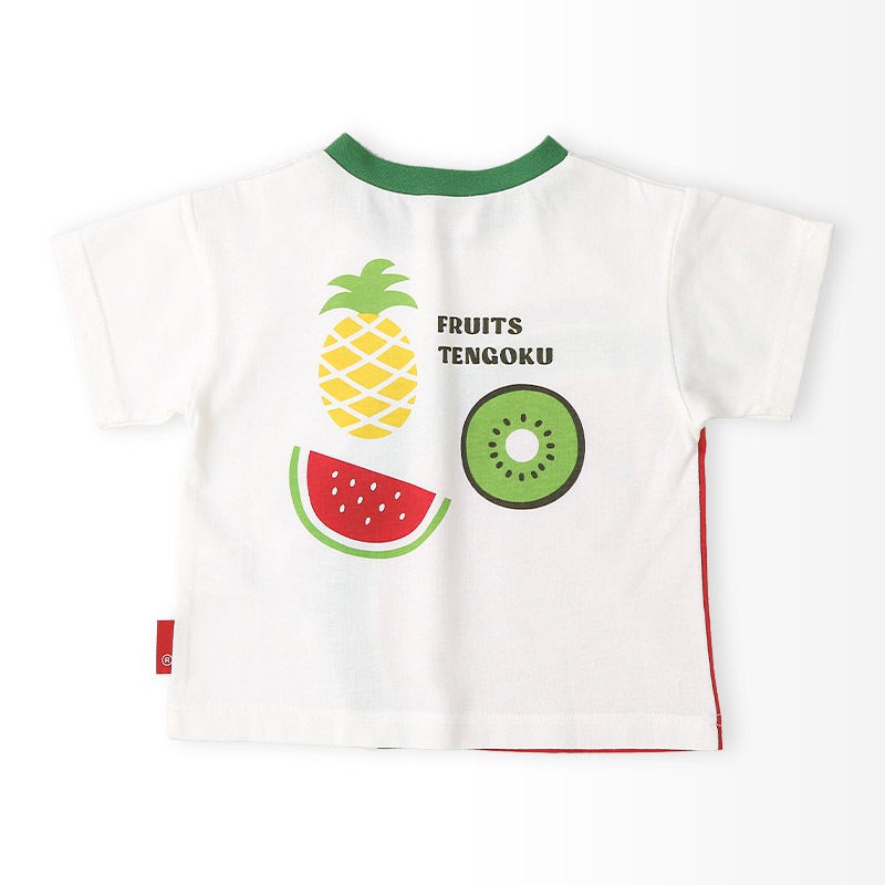 キッズ Tシャツ 半袖 くだもの スイカ キウイ 男の子 女の子【フルーツ天国】 ベビー トップス カットソー 切替 配色 デザイン 天竺 肩ボタン 食べ物 フルーツ 果物 すいか プリント 子ども 80 90 95 100 110 120 130
