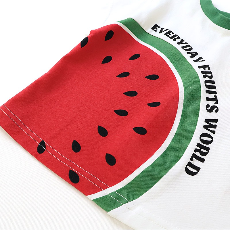 キッズ Tシャツ 半袖 くだもの スイカ キウイ 男の子 女の子【フルーツ天国】 ベビー トップス カットソー 切替 配色 デザイン 天竺 肩ボタン 食べ物 フルーツ 果物 すいか プリント 子ども 80 90 95 100 110 120 130