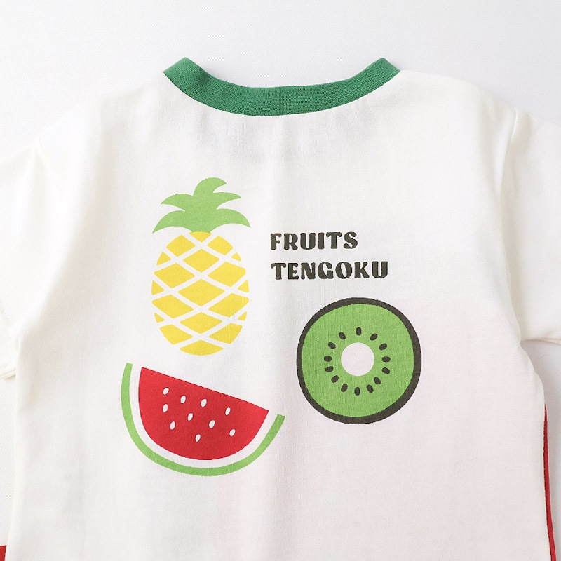 キッズ Tシャツ 半袖 くだもの スイカ キウイ 男の子 女の子【フルーツ天国】 ベビー トップス カットソー 切替 配色 デザイン 天竺 肩ボタン 食べ物 フルーツ 果物 すいか プリント 子ども 80 90 95 100 110 120 130
