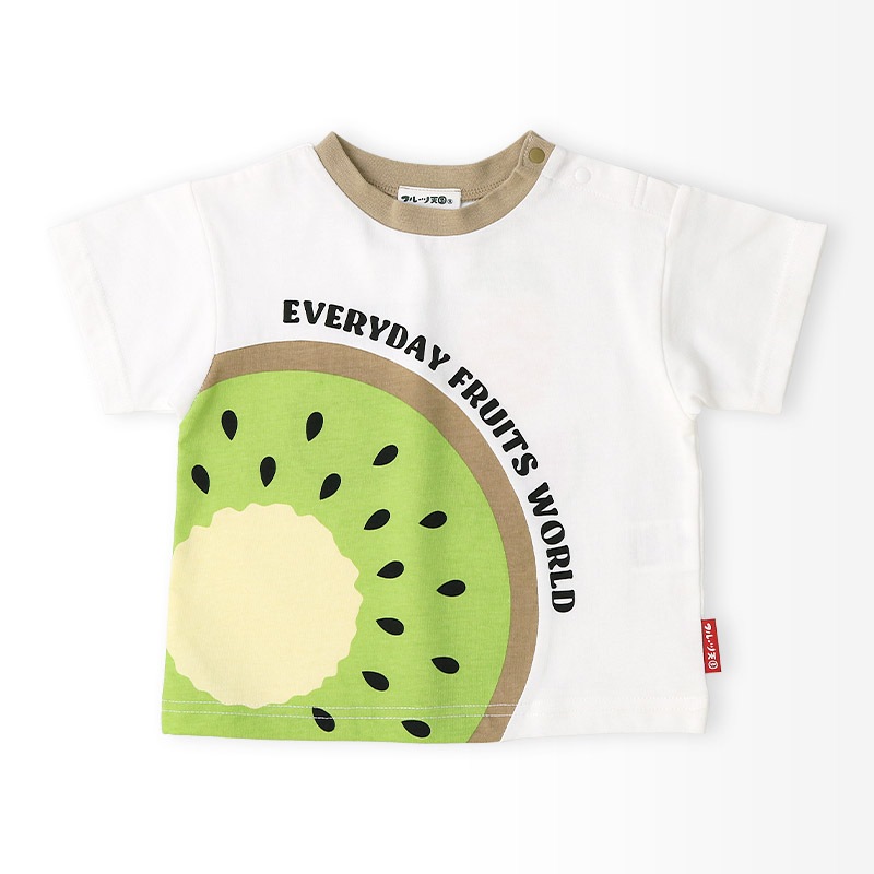 キッズ Tシャツ 半袖 くだもの スイカ キウイ 男の子 女の子【フルーツ天国】 ベビー トップス カットソー 切替 配色 デザイン 天竺 肩ボタン 食べ物 フルーツ 果物 すいか プリント 子ども 80 90 95 100 110 120 130