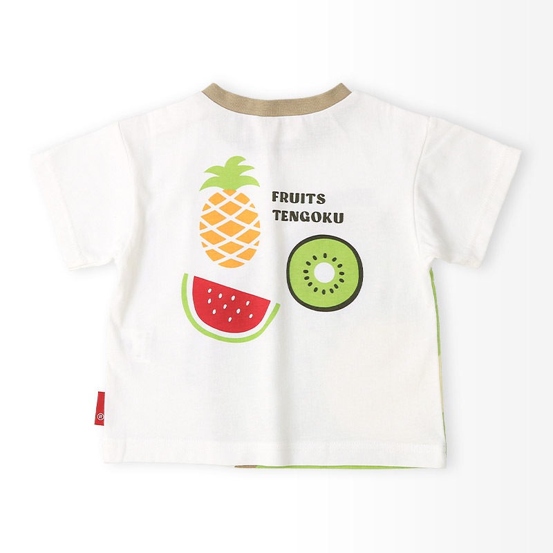キッズ Tシャツ 半袖 くだもの スイカ キウイ 男の子 女の子【フルーツ天国】 ベビー トップス カットソー 切替 配色 デザイン 天竺 肩ボタン 食べ物 フルーツ 果物 すいか プリント 子ども 80 90 95 100 110 120 130