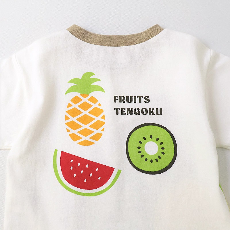 キッズ Tシャツ 半袖 くだもの スイカ キウイ 男の子 女の子【フルーツ天国】 ベビー トップス カットソー 切替 配色 デザイン 天竺 肩ボタン 食べ物 フルーツ 果物 すいか プリント 子ども 80 90 95 100 110 120 130