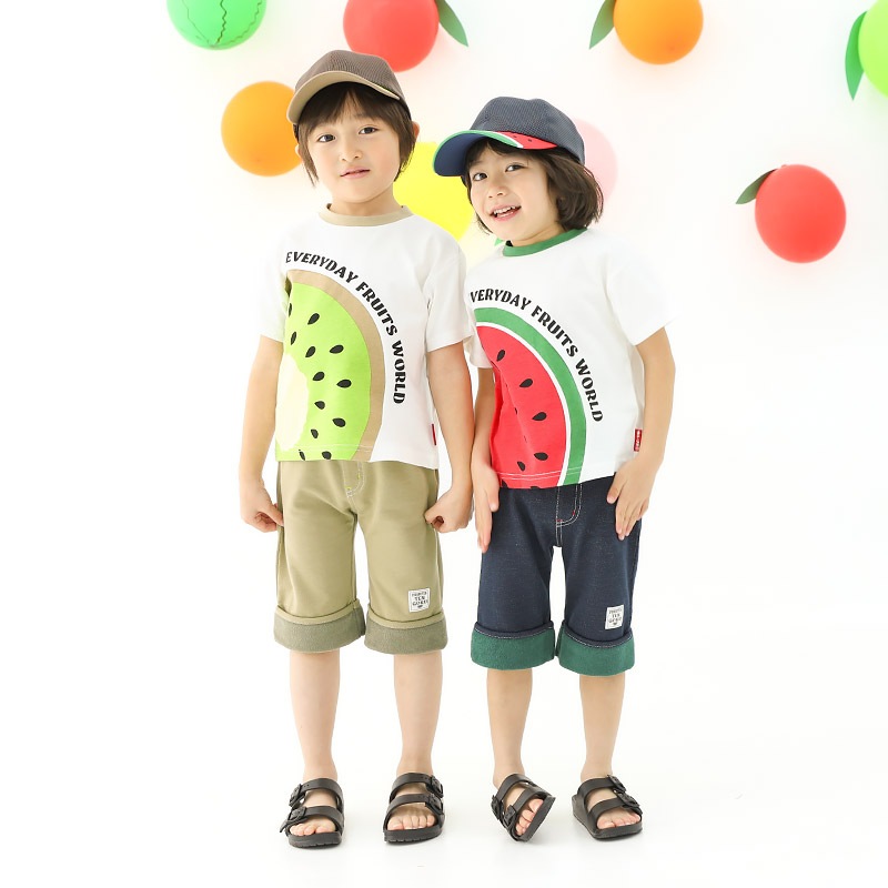 キッズ Tシャツ 半袖 くだもの スイカ キウイ 男の子 女の子【フルーツ天国】 ベビー トップス カットソー 切替 配色 デザイン 天竺 肩ボタン 食べ物 フルーツ 果物 すいか プリント 子ども 80 90 95 100 110 120 130