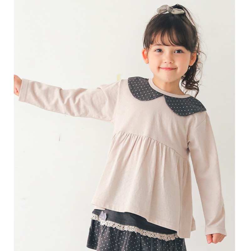 キッズ トップス 女の子 ブラウス ドット 衿 切替 長袖 Tシャツ ロンT ( 80-130cm)【 Uzuland 】 ウズランド ロンT くすみ ナチュラル ベージュ ブラウン ガーリー 秋物 80cm 90cm 95cm 100cm 110cm 120cm 130cm