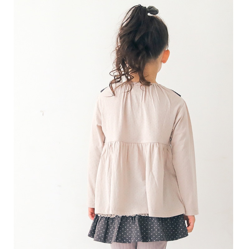 キッズ トップス 女の子 ブラウス ドット 衿 切替 長袖 Tシャツ ロンT ( 80-130cm)【 Uzuland 】 ウズランド ロンT くすみ ナチュラル ベージュ ブラウン ガーリー 秋物 80cm 90cm 95cm 100cm 110cm 120cm 130cm
