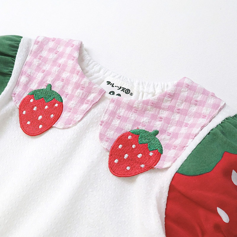ガールズ Tシャツ 半袖 襟付き いちご イチゴ 苺 刺繍 くだもの 女の子【フルーツ天国】 ベビー トップス カットソー 袖切替 配色 デザイン ジャカード 天竺 シフォン 食べ物 フルーツ 果物 ピンク アイボリー プリント 子ども 80 90 95 100 110 120 130