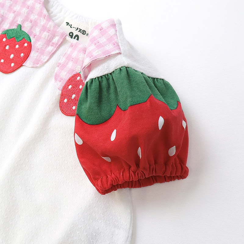 ガールズ Tシャツ 半袖 襟付き いちご イチゴ 苺 刺繍 くだもの 女の子【フルーツ天国】 ベビー トップス カットソー 袖切替 配色 デザイン ジャカード 天竺 シフォン 食べ物 フルーツ 果物 ピンク アイボリー プリント 子ども 80 90 95 100 110 120 130