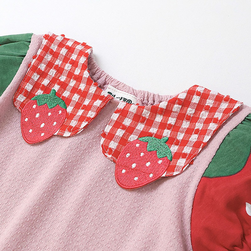 ガールズ Tシャツ 半袖 襟付き いちご イチゴ 苺 刺繍 くだもの 女の子【フルーツ天国】 ベビー トップス カットソー 袖切替 配色 デザイン ジャカード 天竺 シフォン 食べ物 フルーツ 果物 ピンク アイボリー プリント 子ども 80 90 95 100 110 120 130