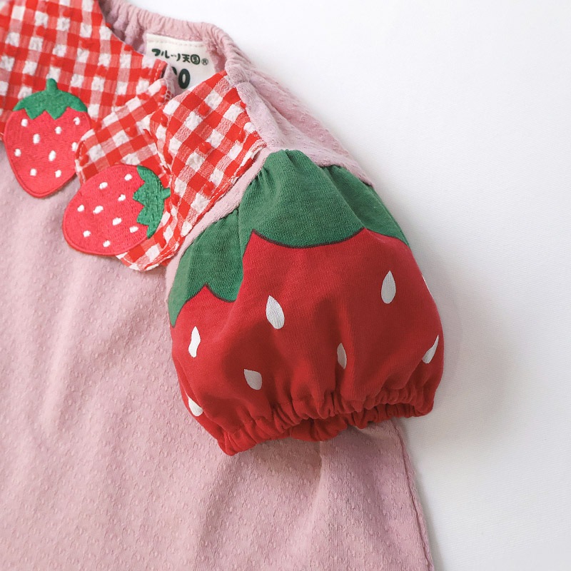 ガールズ Tシャツ 半袖 襟付き いちご イチゴ 苺 刺繍 くだもの 女の子【フルーツ天国】 ベビー トップス カットソー 袖切替 配色 デザイン ジャカード 天竺 シフォン 食べ物 フルーツ 果物 ピンク アイボリー プリント 子ども 80 90 95 100 110 120 130