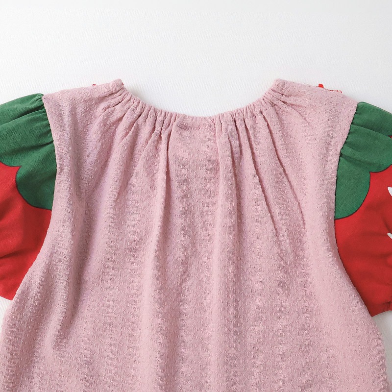 ガールズ Tシャツ 半袖 襟付き いちご イチゴ 苺 刺繍 くだもの 女の子【フルーツ天国】 ベビー トップス カットソー 袖切替 配色 デザイン ジャカード 天竺 シフォン 食べ物 フルーツ 果物 ピンク アイボリー プリント 子ども 80 90 95 100 110 120 130