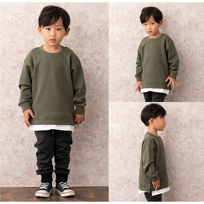 キッズ トレーナー 裏起毛 綿100% 男の子 女の子 ( 80-160cm) 【GrinLab】 あったか トップス 無地 重ね着風 レイヤード シンプル スウェット 長袖 子供服 ベビー ジュニア 通園 通学 小学生 80 90 95 100 110 120 130 140 150 160 