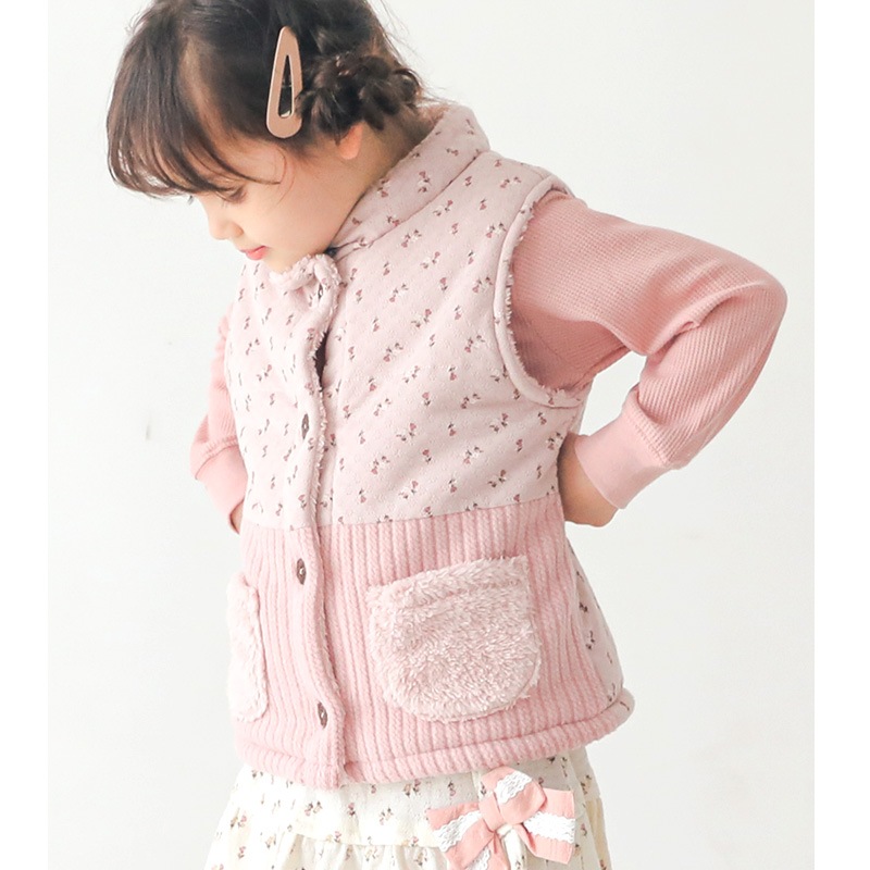 子供服 中わたベスト おうちで 洗える アウター 小花 切替 ( 80-130cm