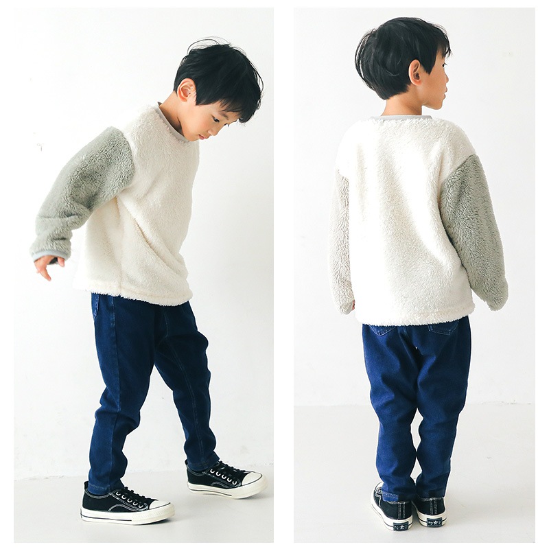 キッズ フリース トレーナー ( 80-130cm) 子供服 ベビー スウェット ふわもこ クレイジー 配色 長袖 トップス 【 GrinLab 】 80 90 95 100 110 120 130 プルオーバー マイクロファイバーフリース ボア 切替 かわいい 通園 通学 グリンラボ 