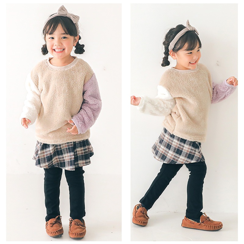 キッズ フリース トレーナー ( 80-130cm) 子供服 ベビー スウェット ふわもこ クレイジー 配色 長袖 トップス 【 GrinLab 】 80 90 95 100 110 120 130 プルオーバー マイクロファイバーフリース ボア 切替 かわいい 通園 通学 グリンラボ 